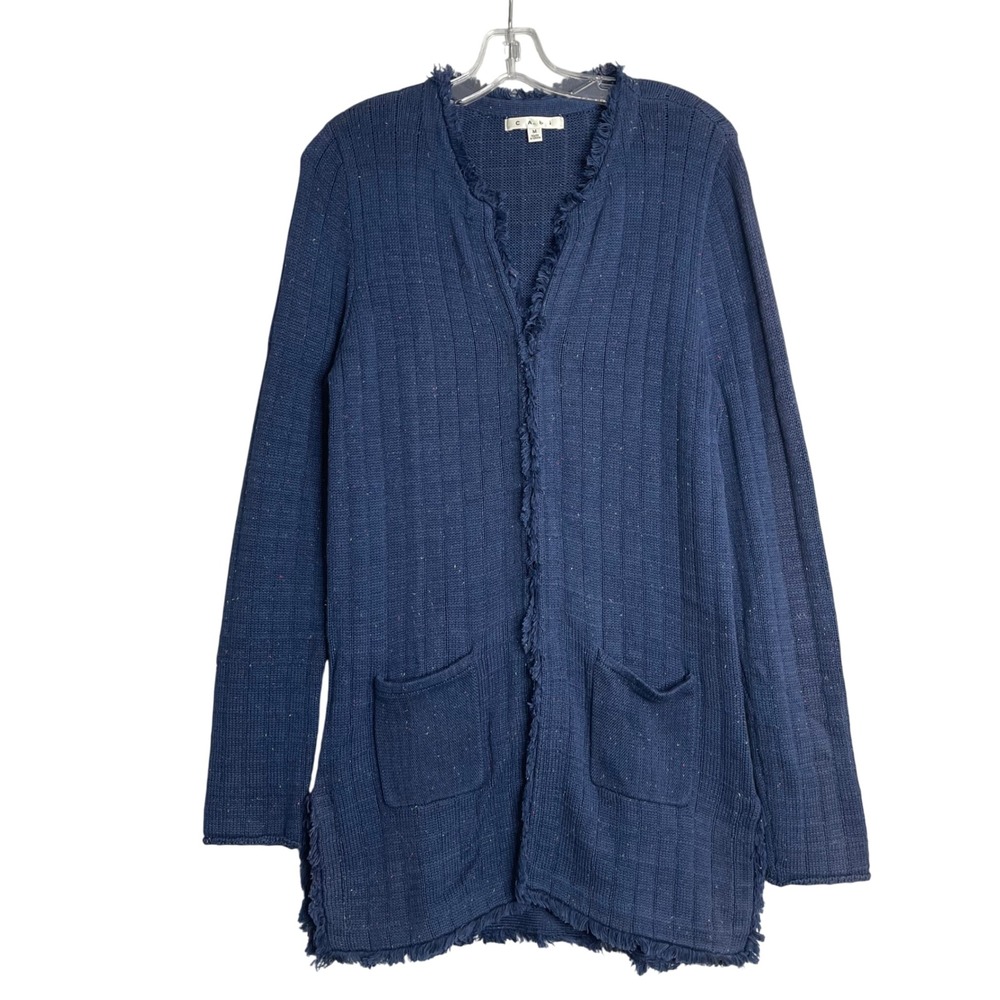 Cabi Cardigan Sweater Womens M Duchess Navy Speckled Fringe Cotton Long Line
